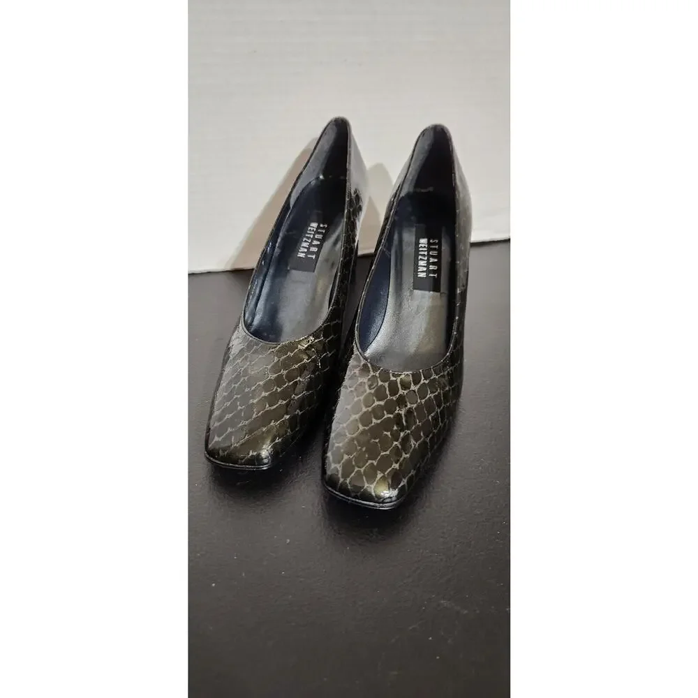 Stuart Weitzman Womens Exotic Snakeskin Black Leather Square Toe‎ Pumps 9 AA